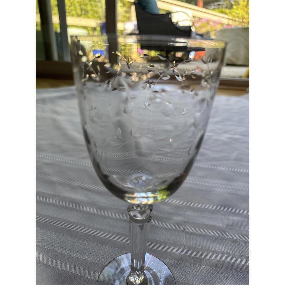 Vintage Etched Crystal Wine Glass 7.8” Floral Vine Stemware Fostoria Style